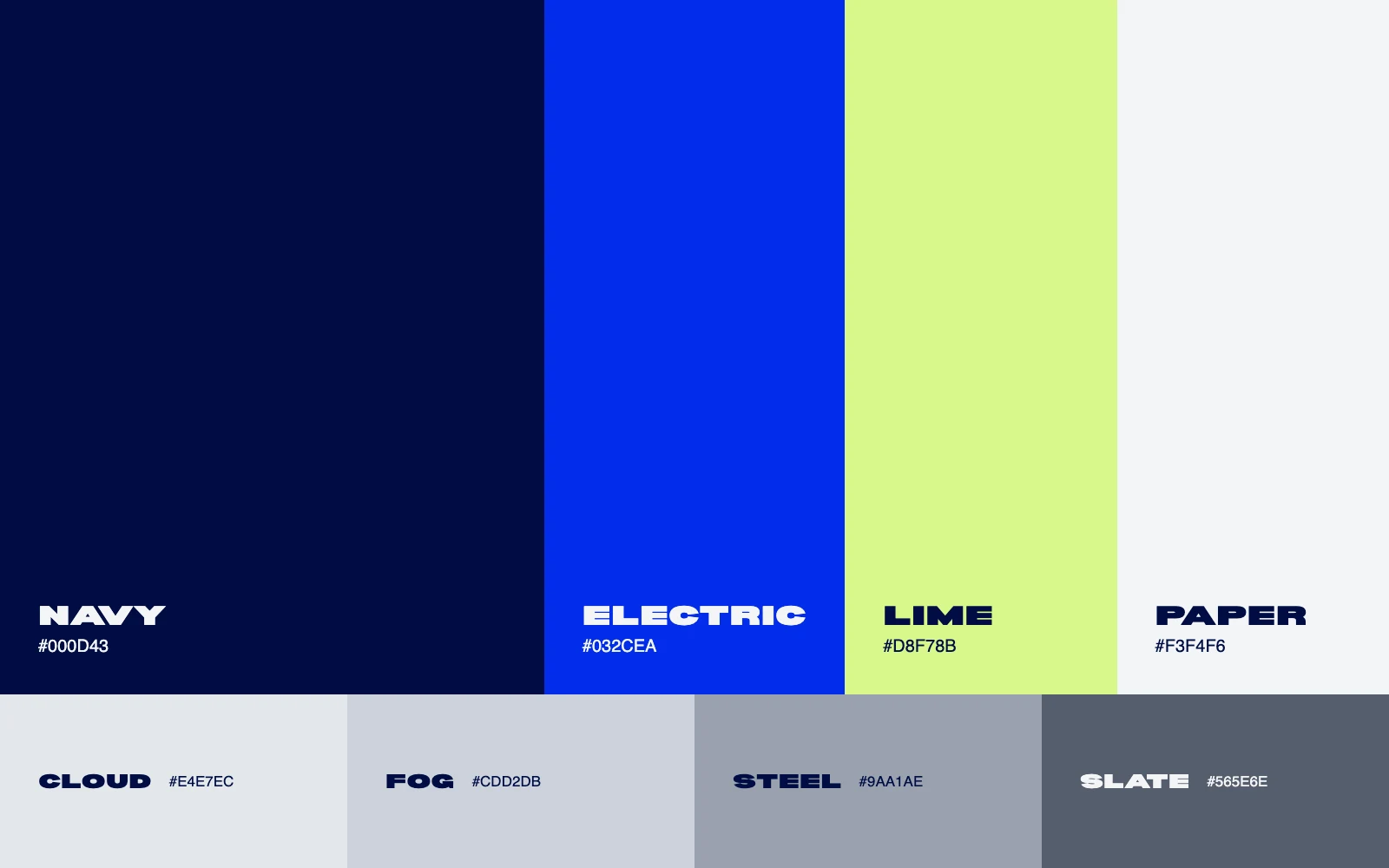 Farbpalette: Navy, Electric, Lime, Paper sowie Cloud, Fog, Steel und Slate