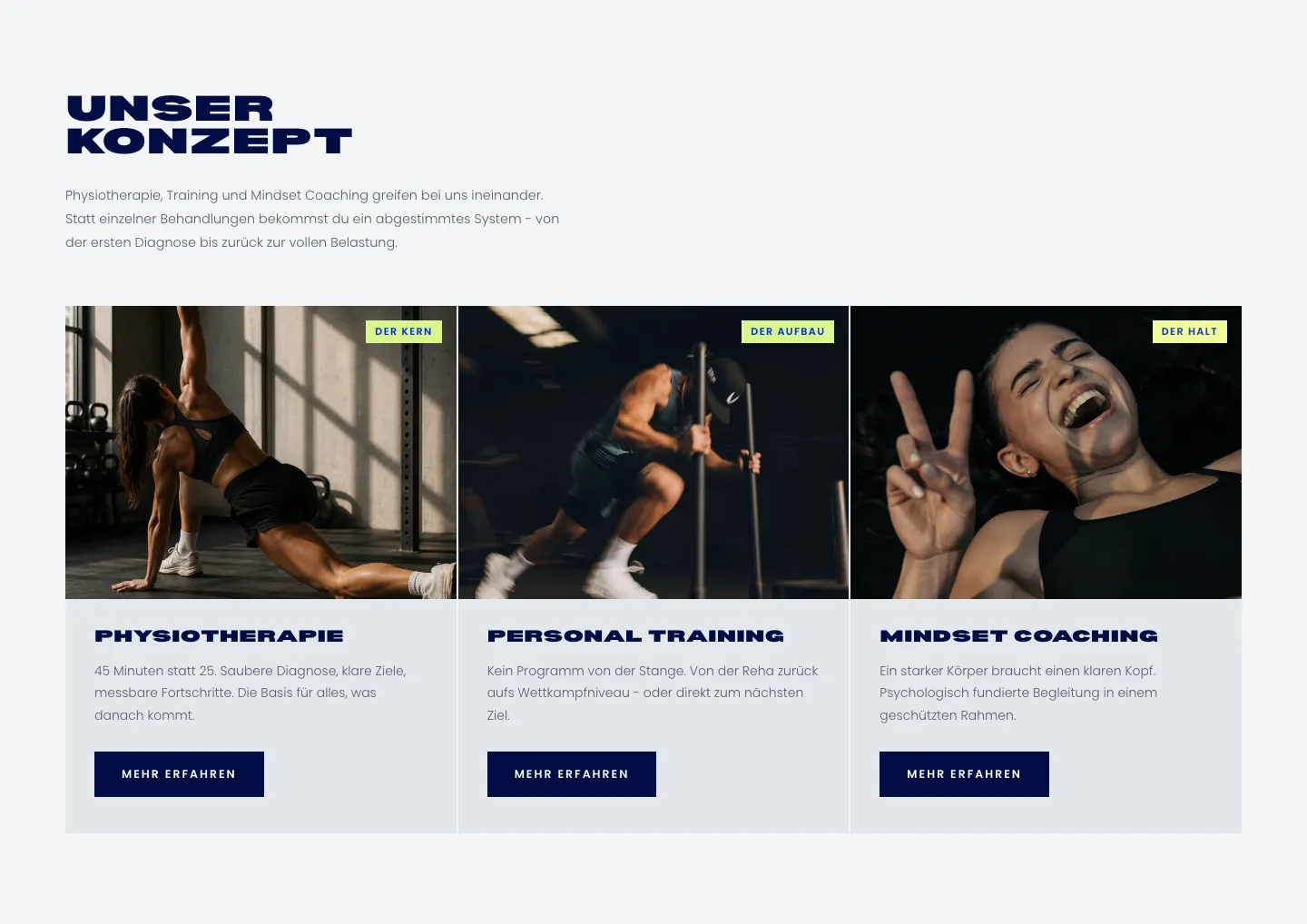 Website-Section Unser Konzept: Physiotherapie, Personal Training und Mindset Coaching