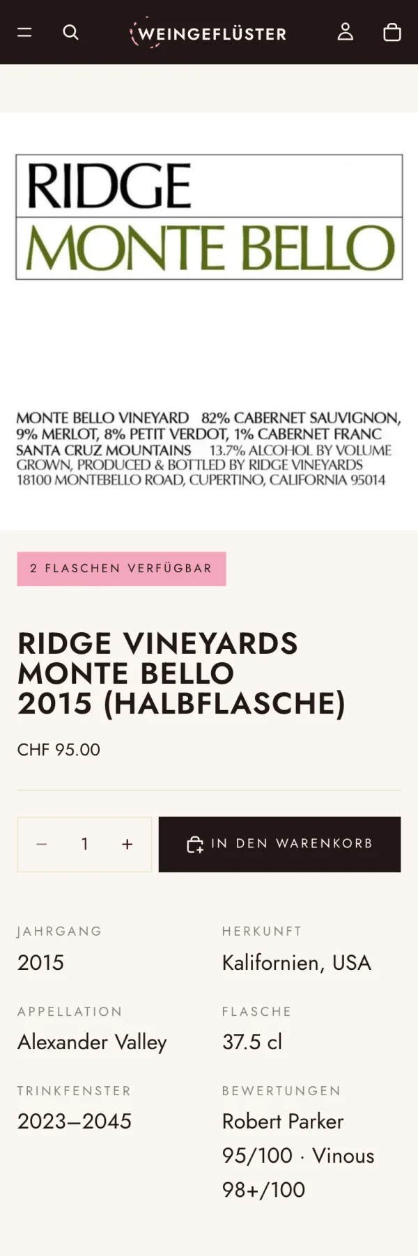 Produktseite auf dem Handy mit Bestandsanzeige